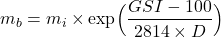 \begin{equation*} m_b = m_i \times \text{exp}\Bigl(\frac{GSI-100}{28 − 14 \times D}\Bigr) \end{equation*}