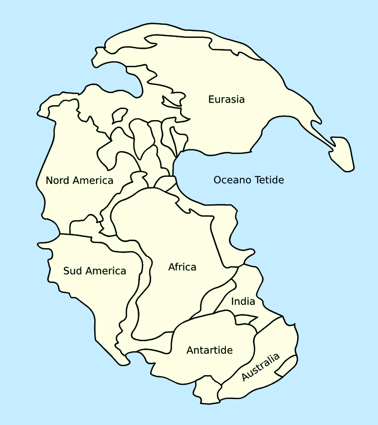 La disposizione dei continenti, tutti uniti nella Pangea, al limite Permiano-Triassico.